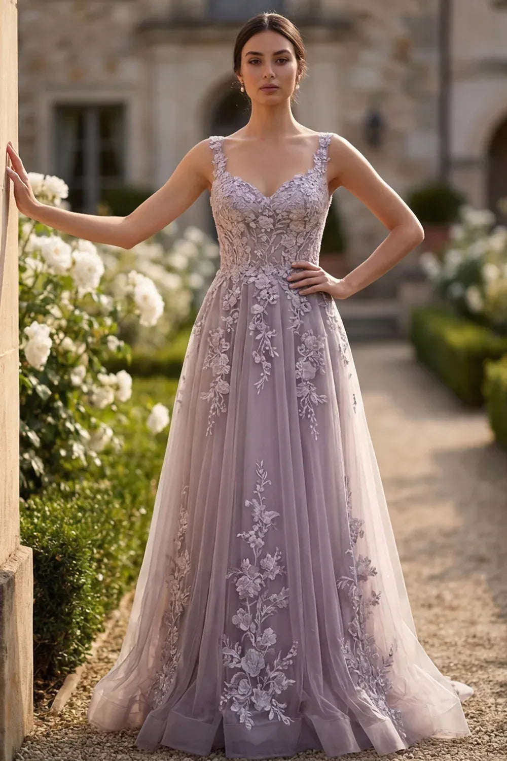 Stunning A-Line V-Neck Lace Applique Lavender Maxi Prom Dress For Women