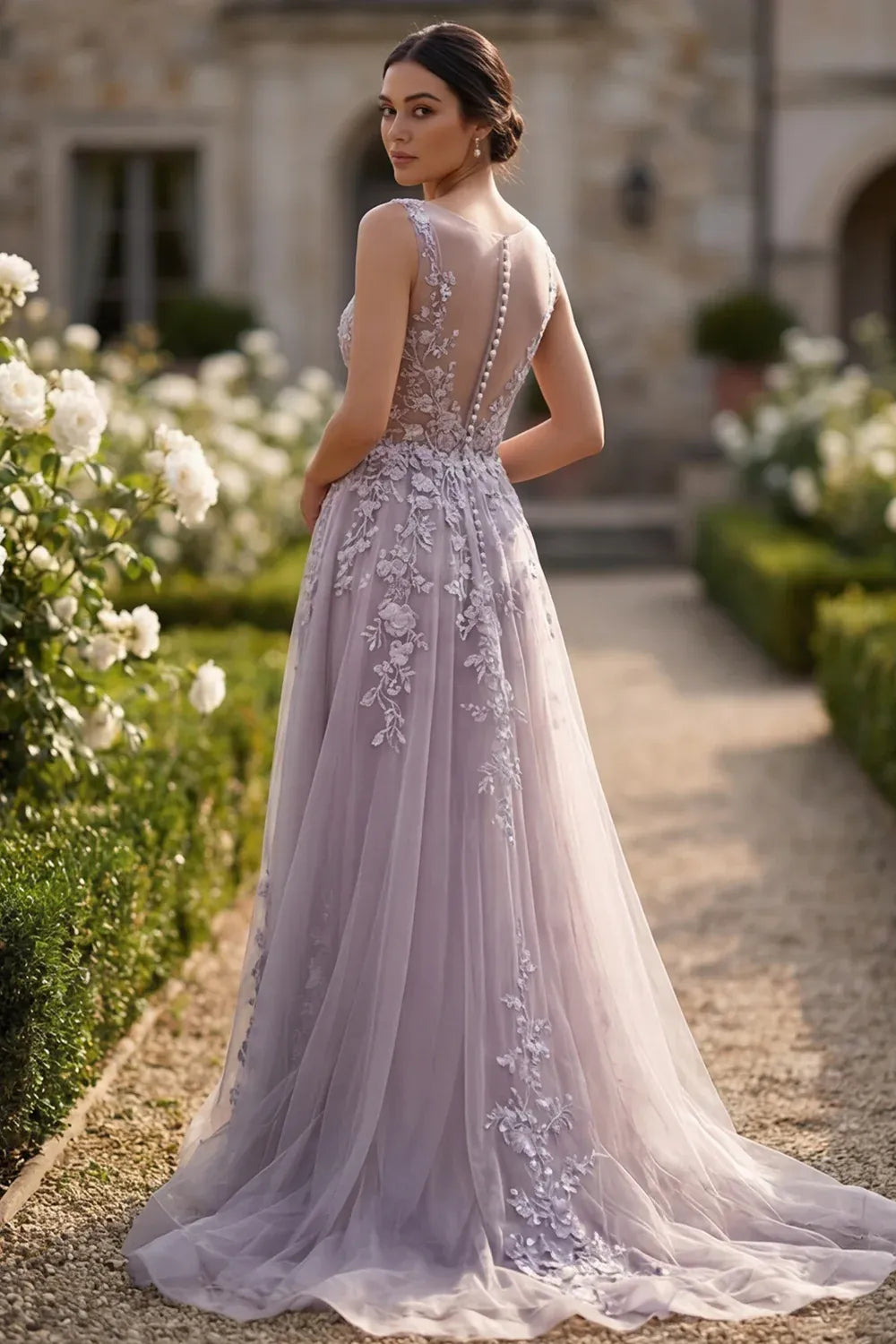 Stunning A-Line V-Neck Lace Applique Lavender Maxi Prom Dress For Women
