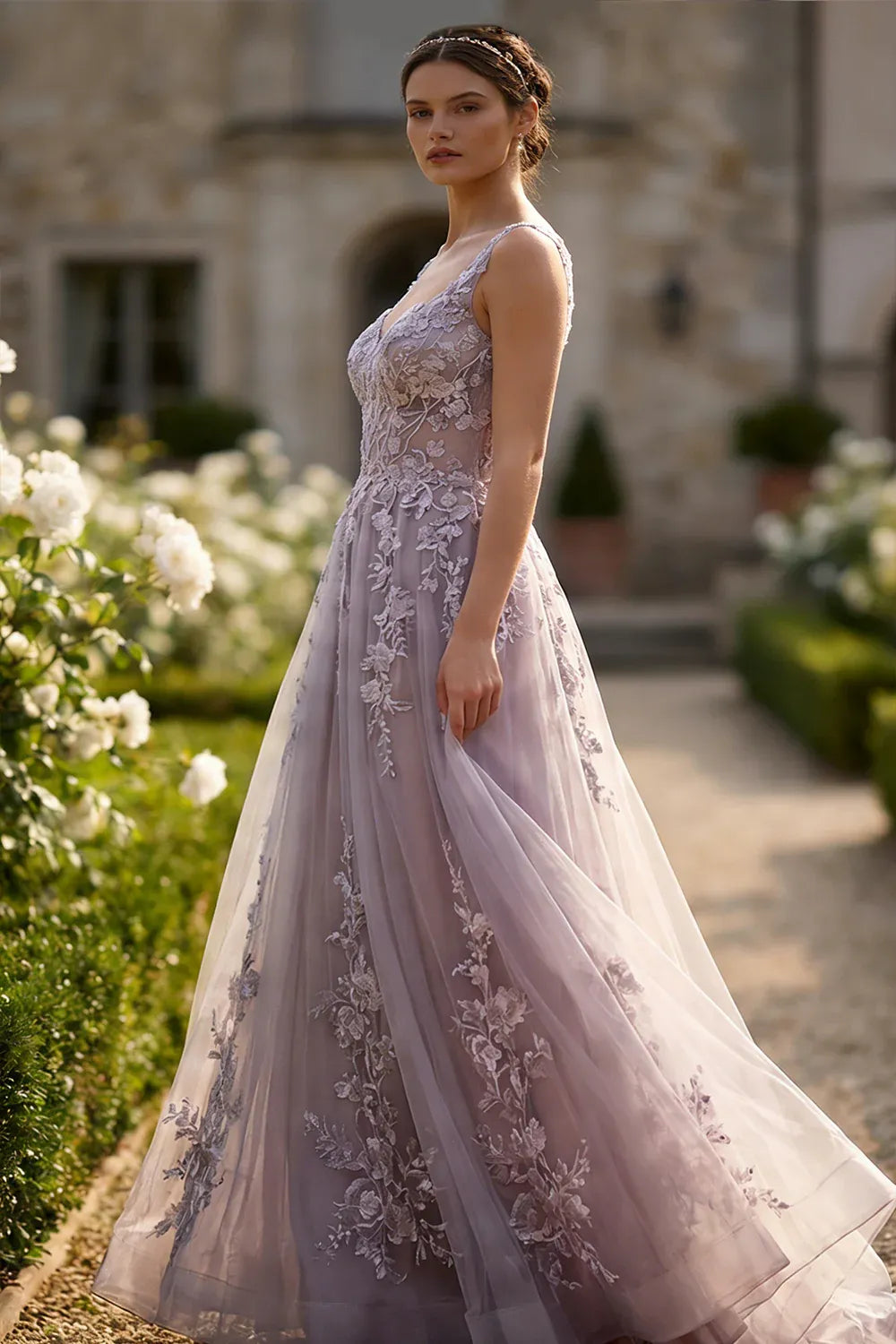 Stunning A-Line V-Neck Lace Applique Lavender Maxi Prom Dress For Women