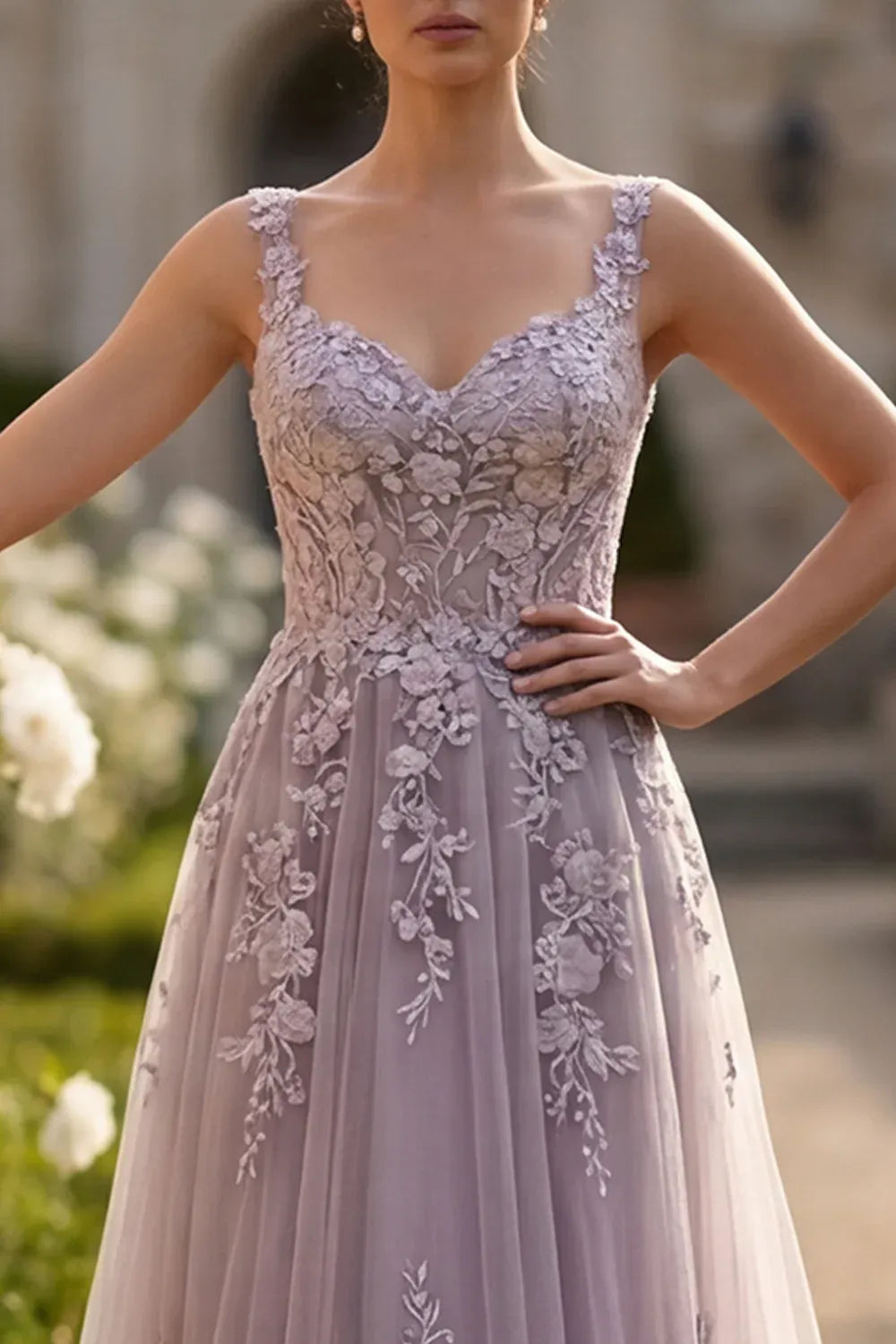Stunning A-Line V-Neck Lace Applique Lavender Maxi Prom Dress For Women