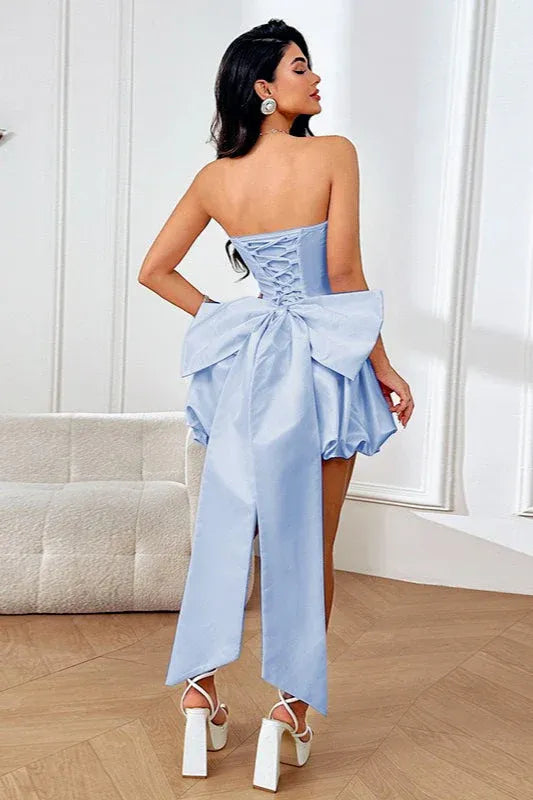 Stunning A-line Strapless Big Bow Light Blue Mini Homecoming Dress With Bubble-Hem
