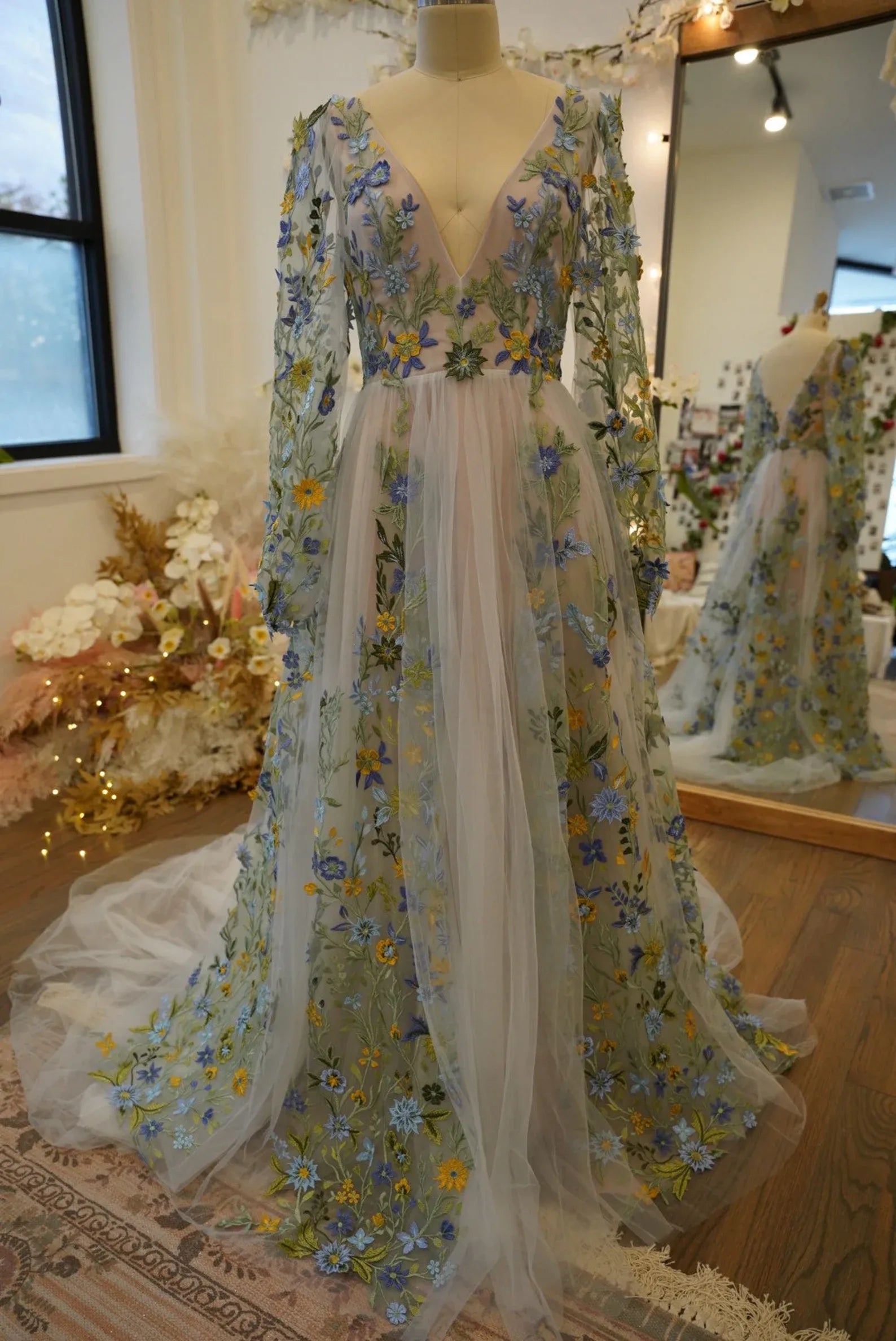 Stunning A Line V Neck Long Sleeve Floral Embroidery Prom Dress With Train Hot Sale