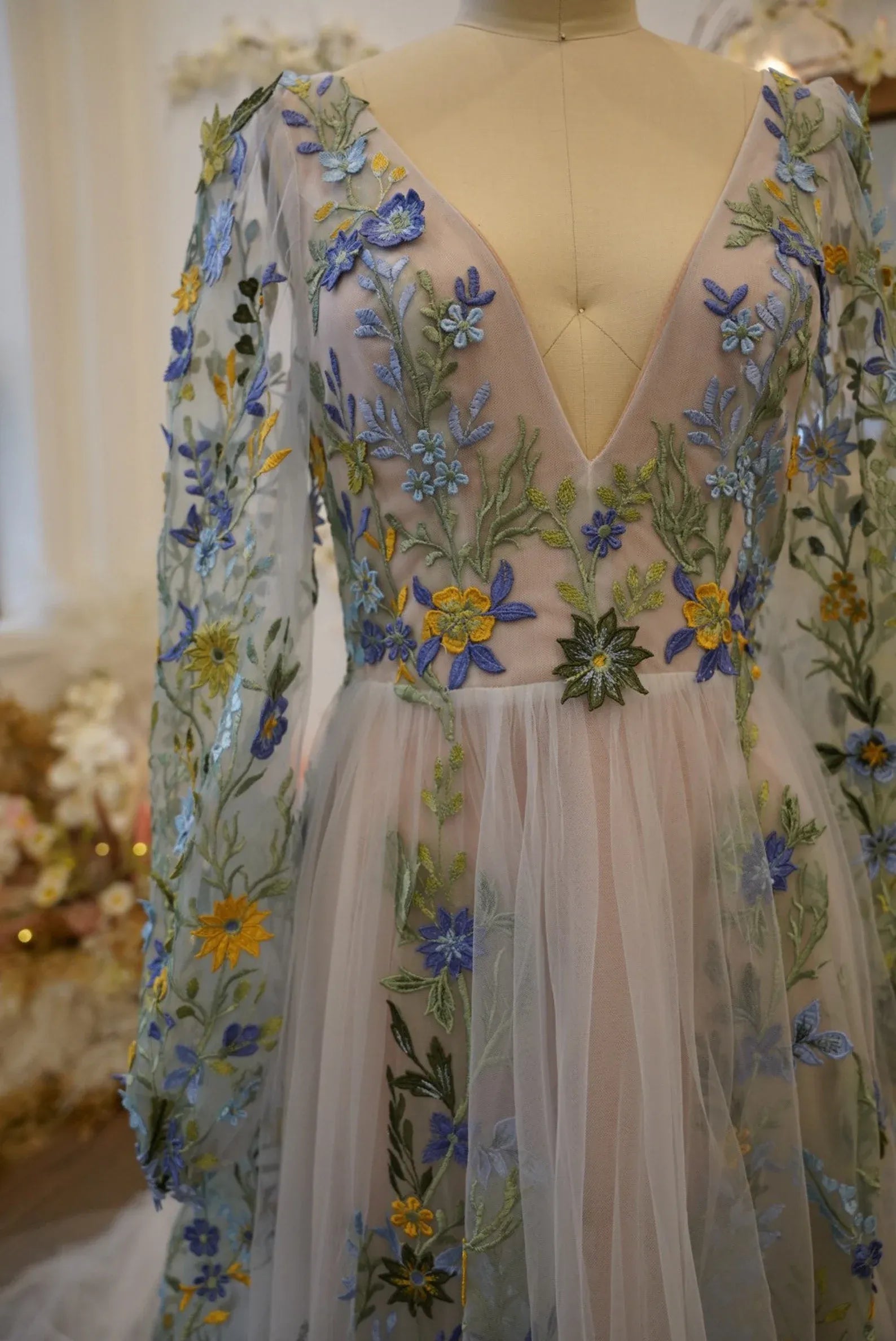 Stunning A Line V Neck Long Sleeve Floral Embroidery Prom Dress With Train Hot Sale