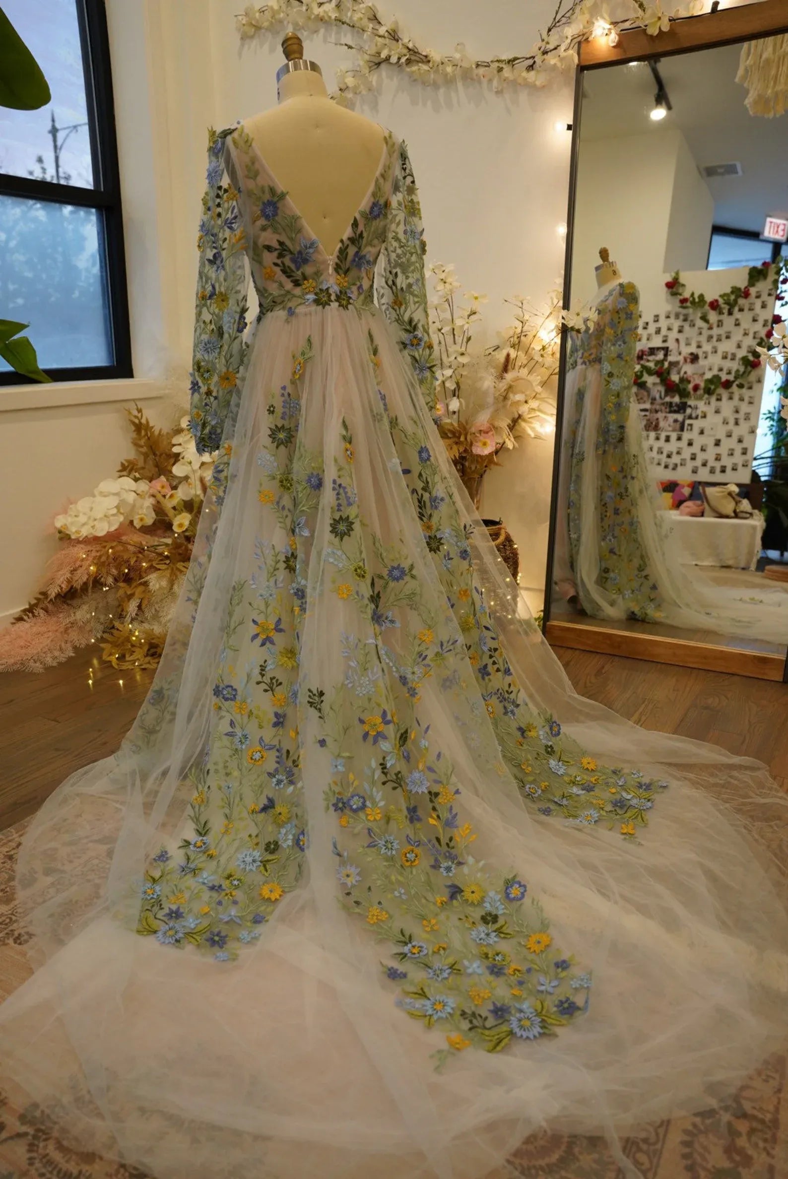 Stunning A Line V Neck Long Sleeve Floral Embroidery Prom Dress With Train Hot Sale
