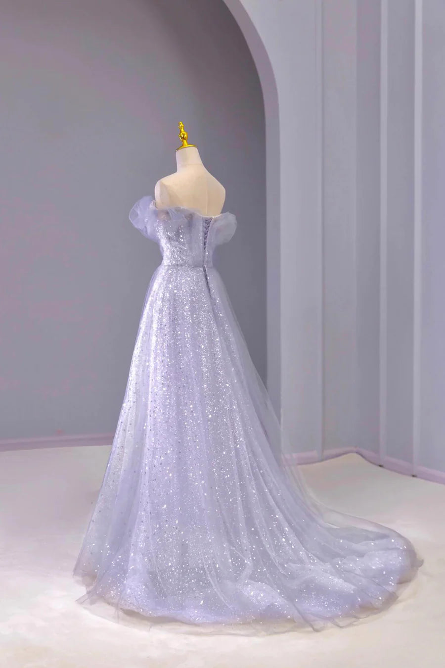 Stunning Gray Tulle Sequins Off Shoulder A-Line Long Prom Dress Party Dress