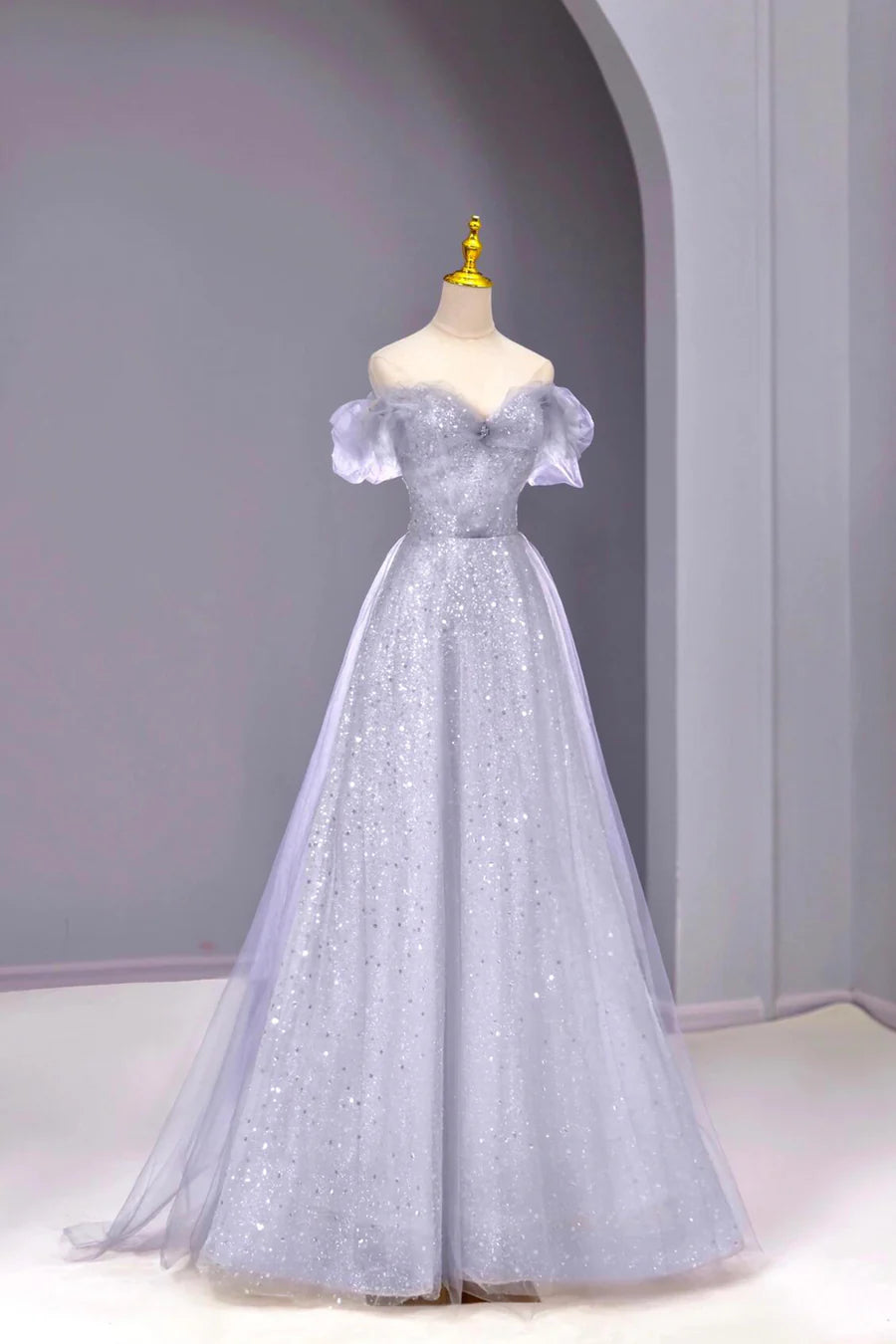 Stunning Gray Tulle Sequins Off Shoulder A-Line Long Prom Dress Party Dress