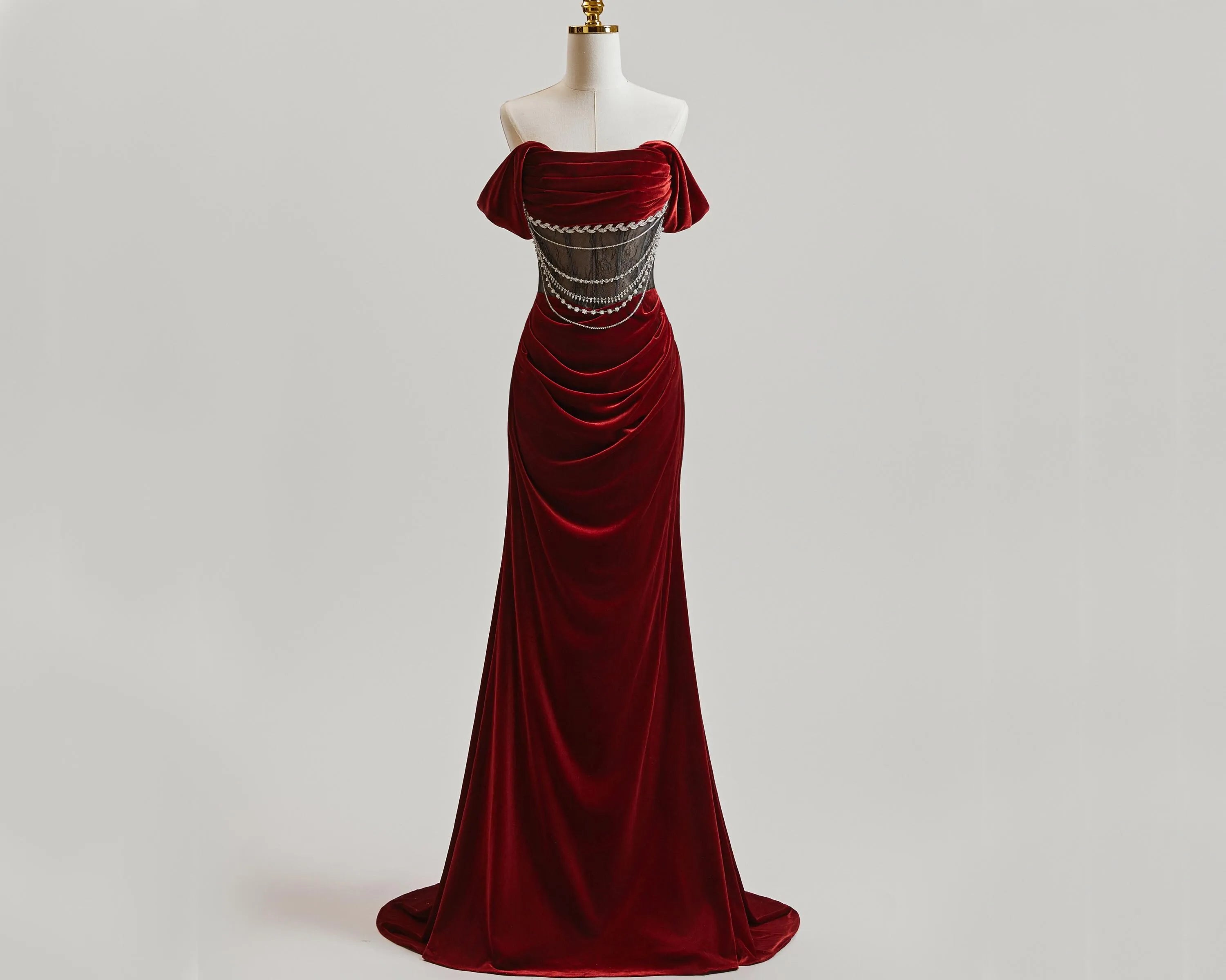 Stunning Mermaid Off-Shoulder Beaded Velvet Burgundy Floor Length Prom Dress