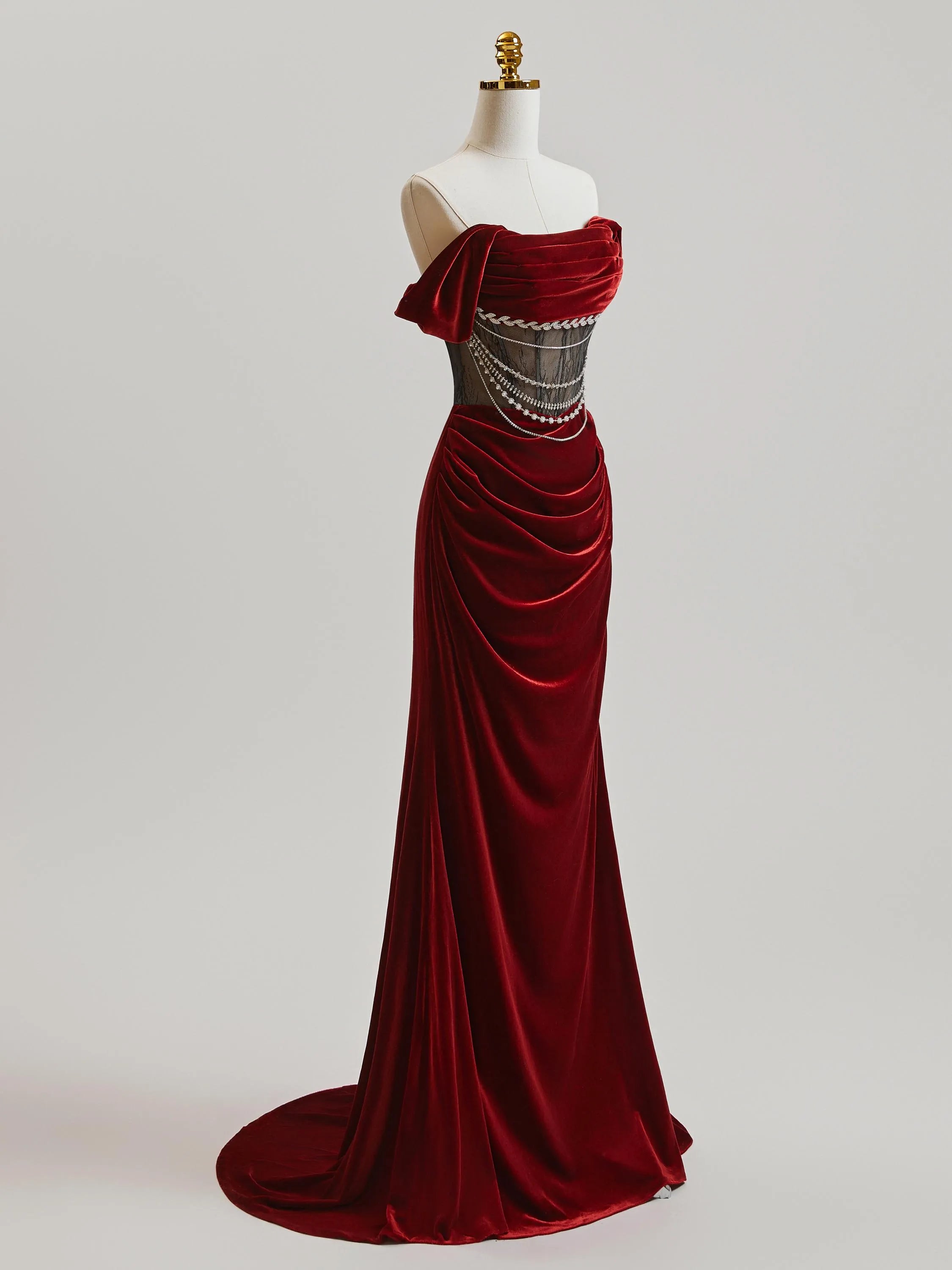Stunning Mermaid Off-Shoulder Beaded Velvet Burgundy Floor Length Prom Dress