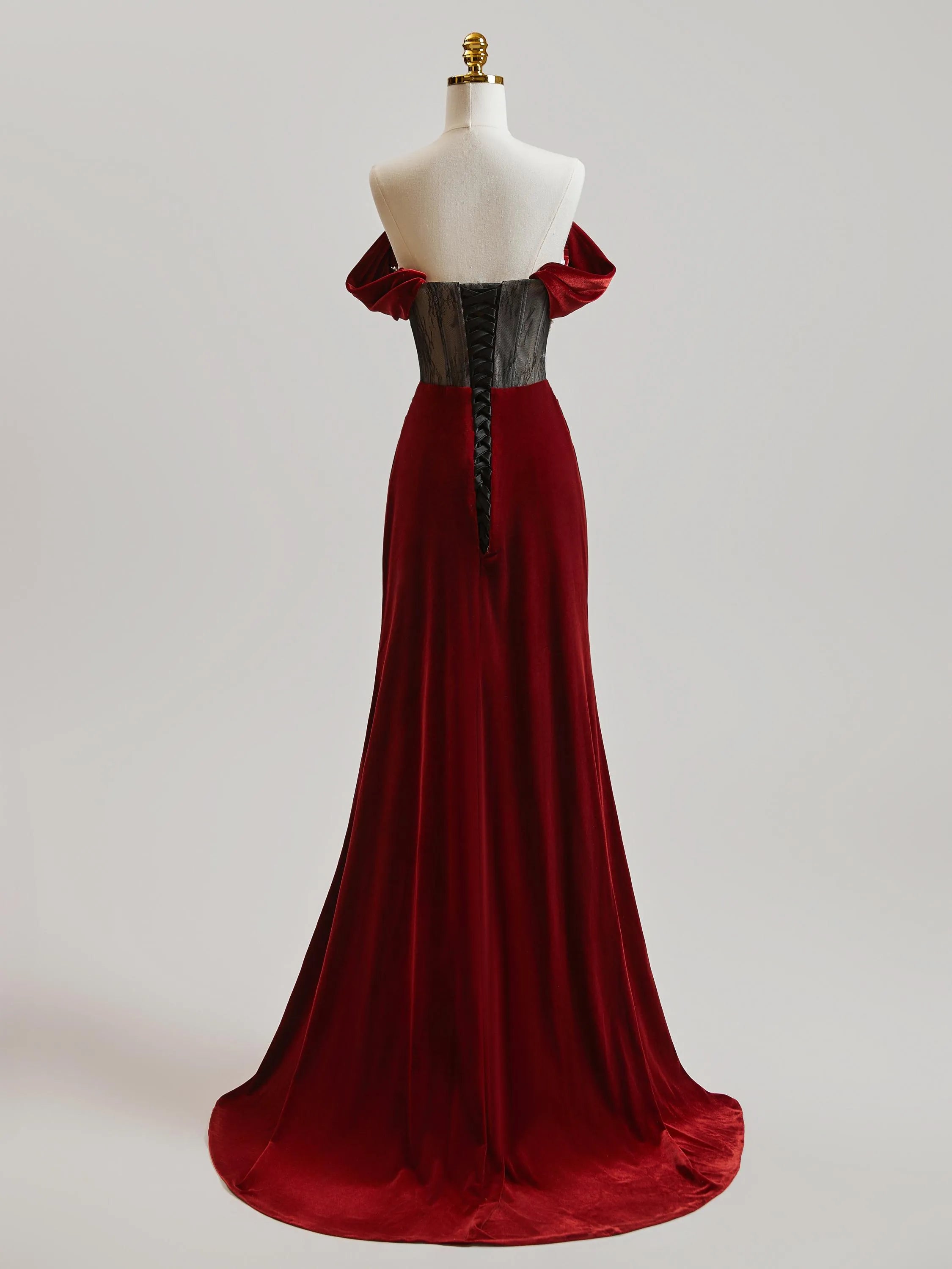 Stunning Mermaid Off-Shoulder Beaded Velvet Burgundy Floor Length Prom Dress