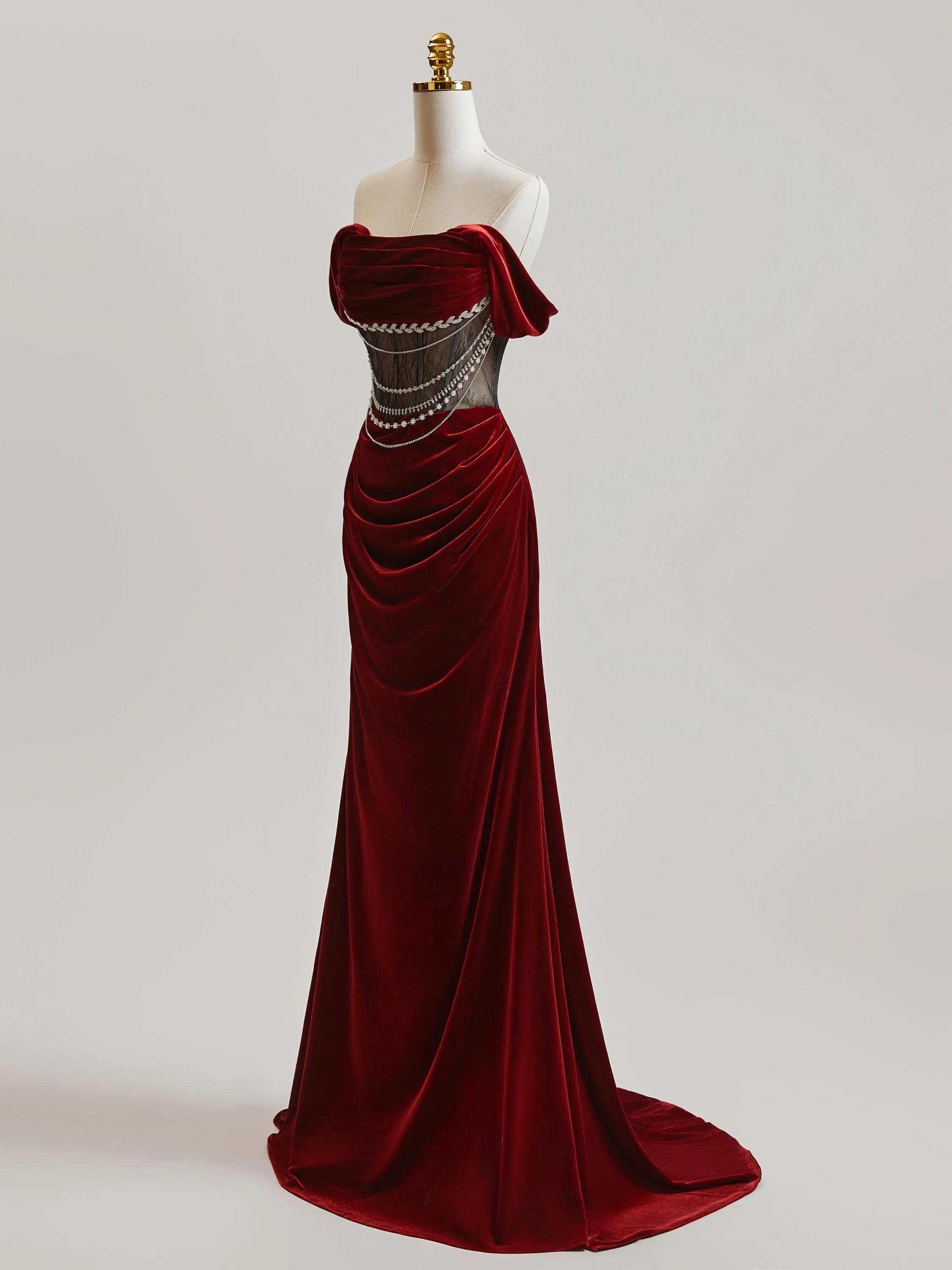 Stunning Mermaid Off-Shoulder Beaded Velvet Burgundy Floor Length Prom Dress