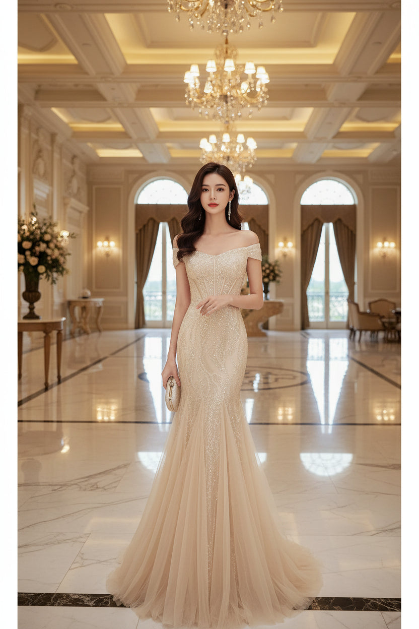 Stunning Mermaid Off-Shoulder Corset Sequin Champagne Floor-Length Prom Dress