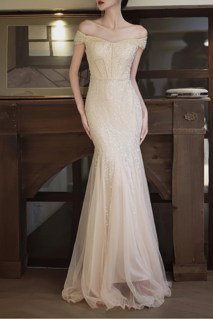 Stunning Mermaid Off-Shoulder Corset Sequin Champagne Floor-Length Prom Dress
