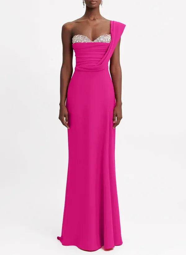 Stunning Mermaid One-Shoulder Draped Fuchsia Floor-Length Prom Dress With Rhinestone