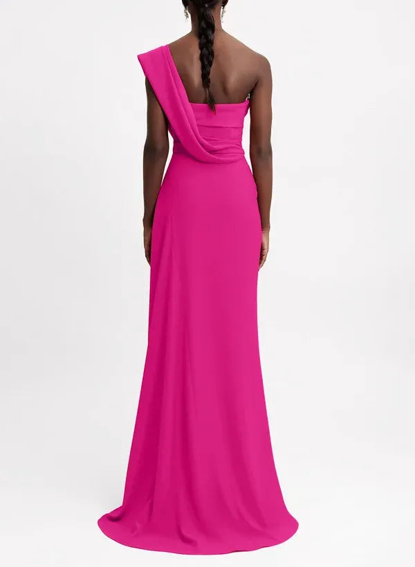 Stunning Mermaid One-Shoulder Draped Fuchsia Floor-Length Prom Dress With Rhinestone