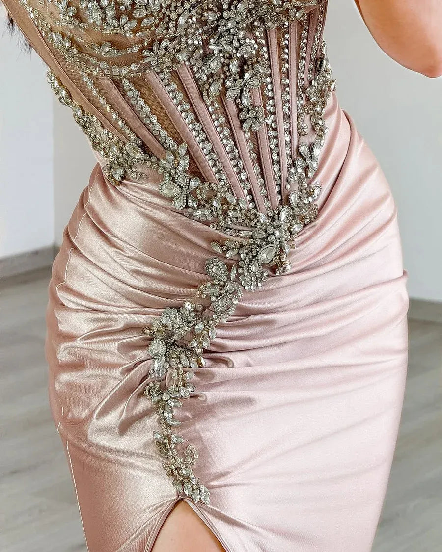 Stunning Mermaid Spaghetti Strap Corset Beaded Satin Rose Gold Train Prom Dress