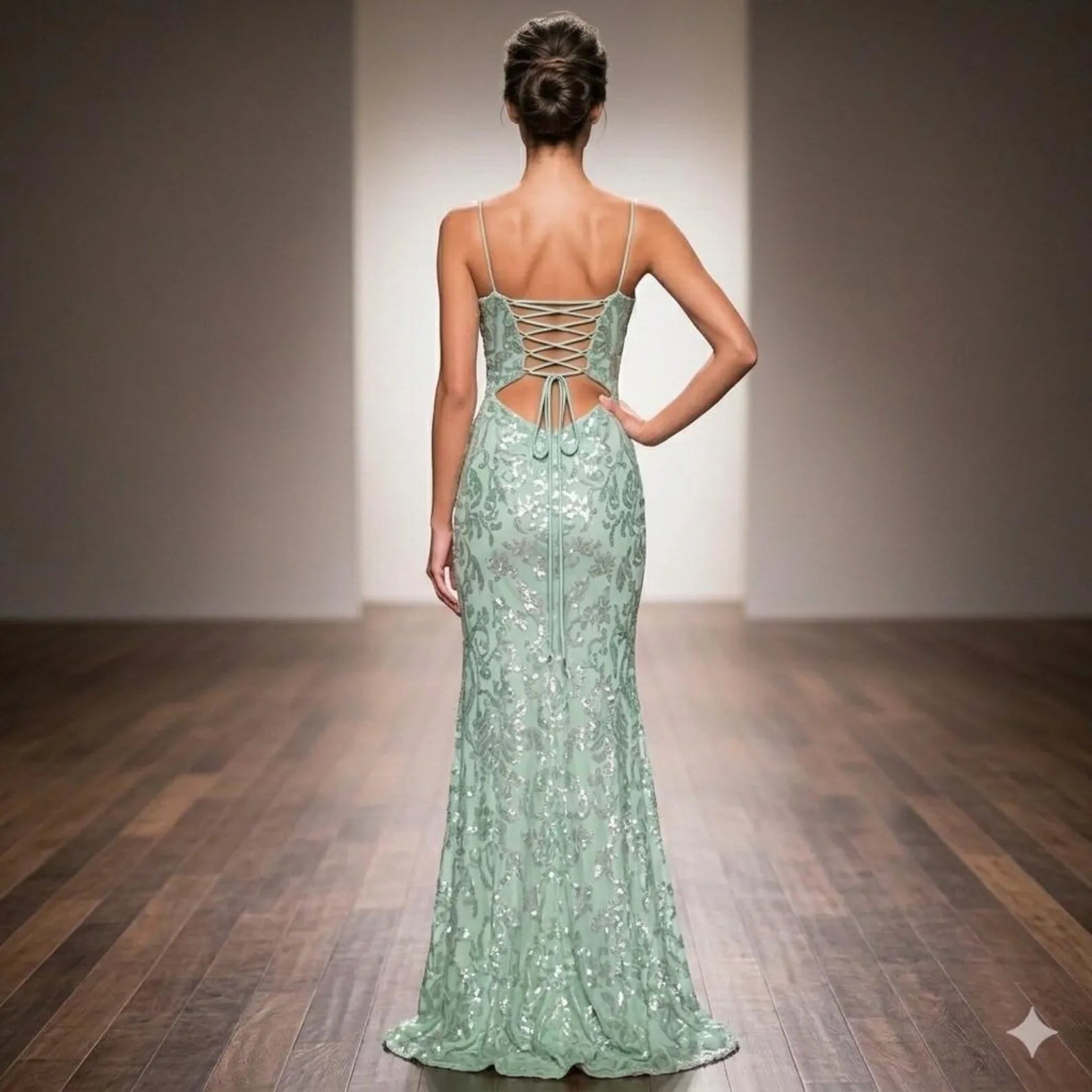 Stunning Mermaid Spaghetti Strap Sequin Slit Sage Green Floor Length Prom Dress
