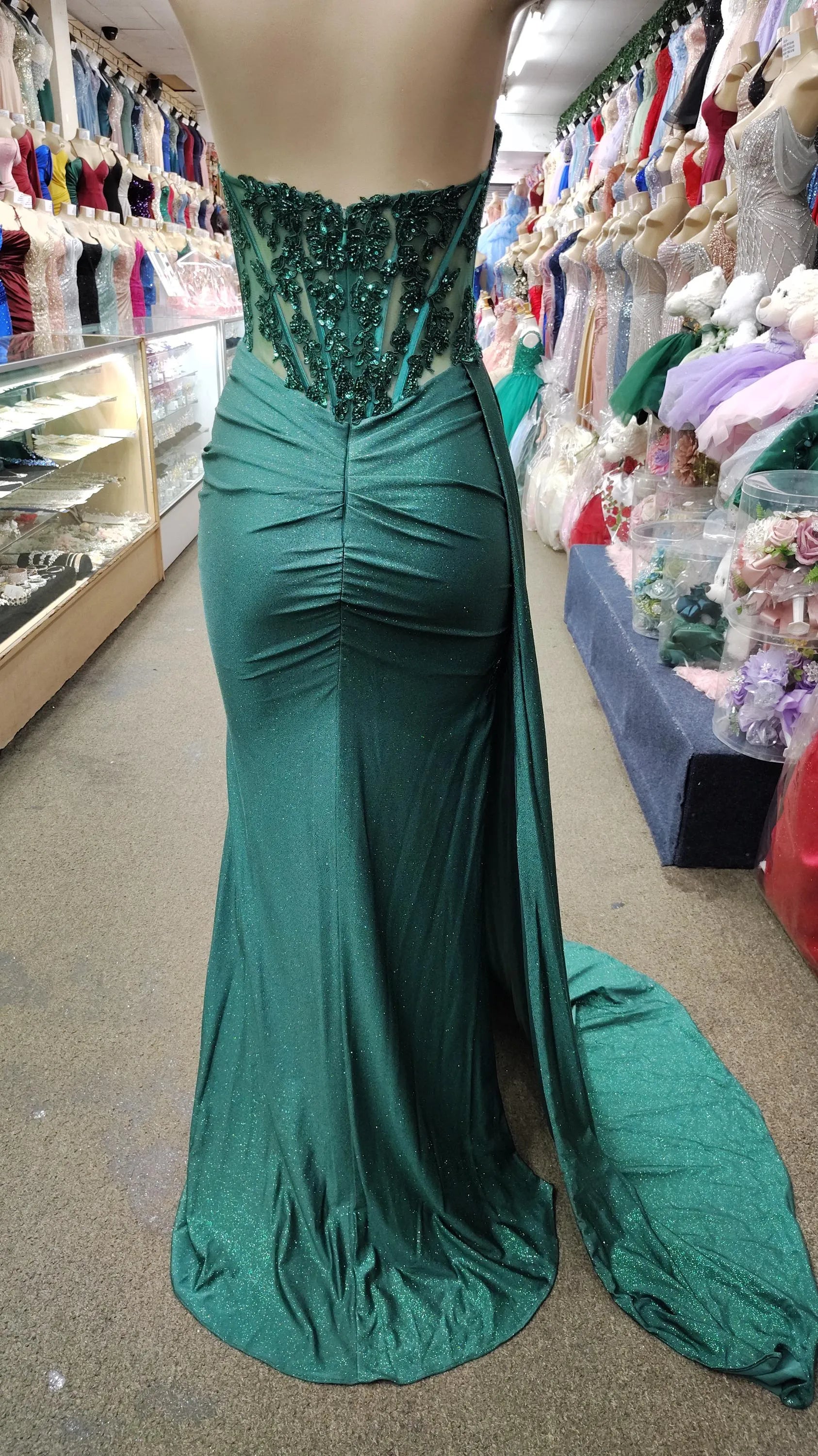 Stunning Mermaid Strapless Corset Lace Appliques Dark Green Prom Dress With Train