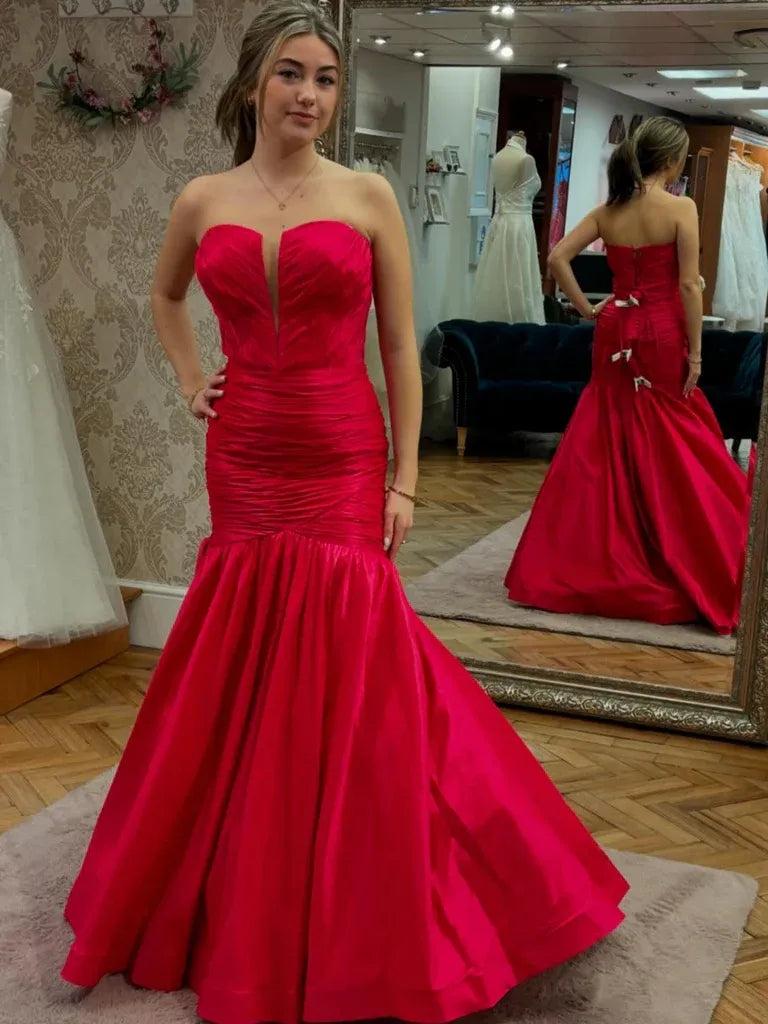 Stunning Mermaid Strapless Ruched Lace Up Satin Red Long Prom Dress