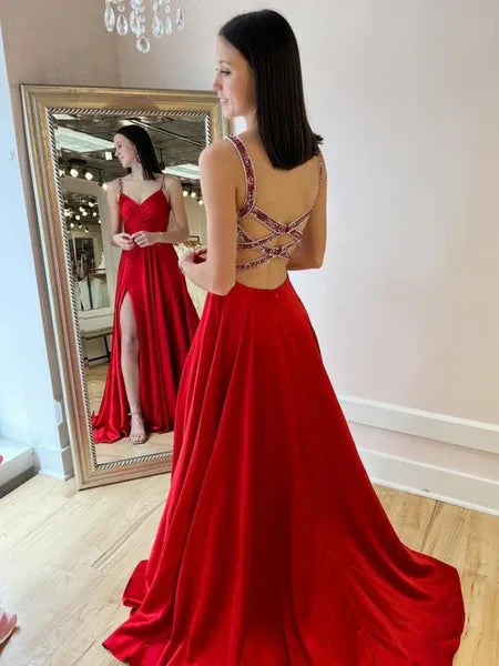 Stunning Mermaid V-Neck Beaded Slit Satin Red Floor Length Prom Dress