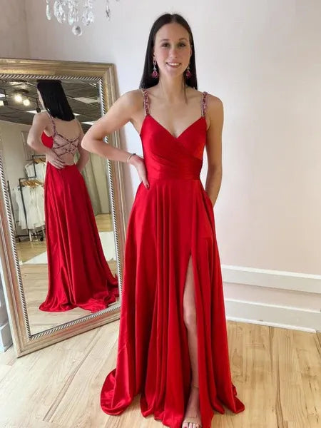 Stunning Mermaid V-Neck Beaded Slit Satin Red Floor Length Prom Dress