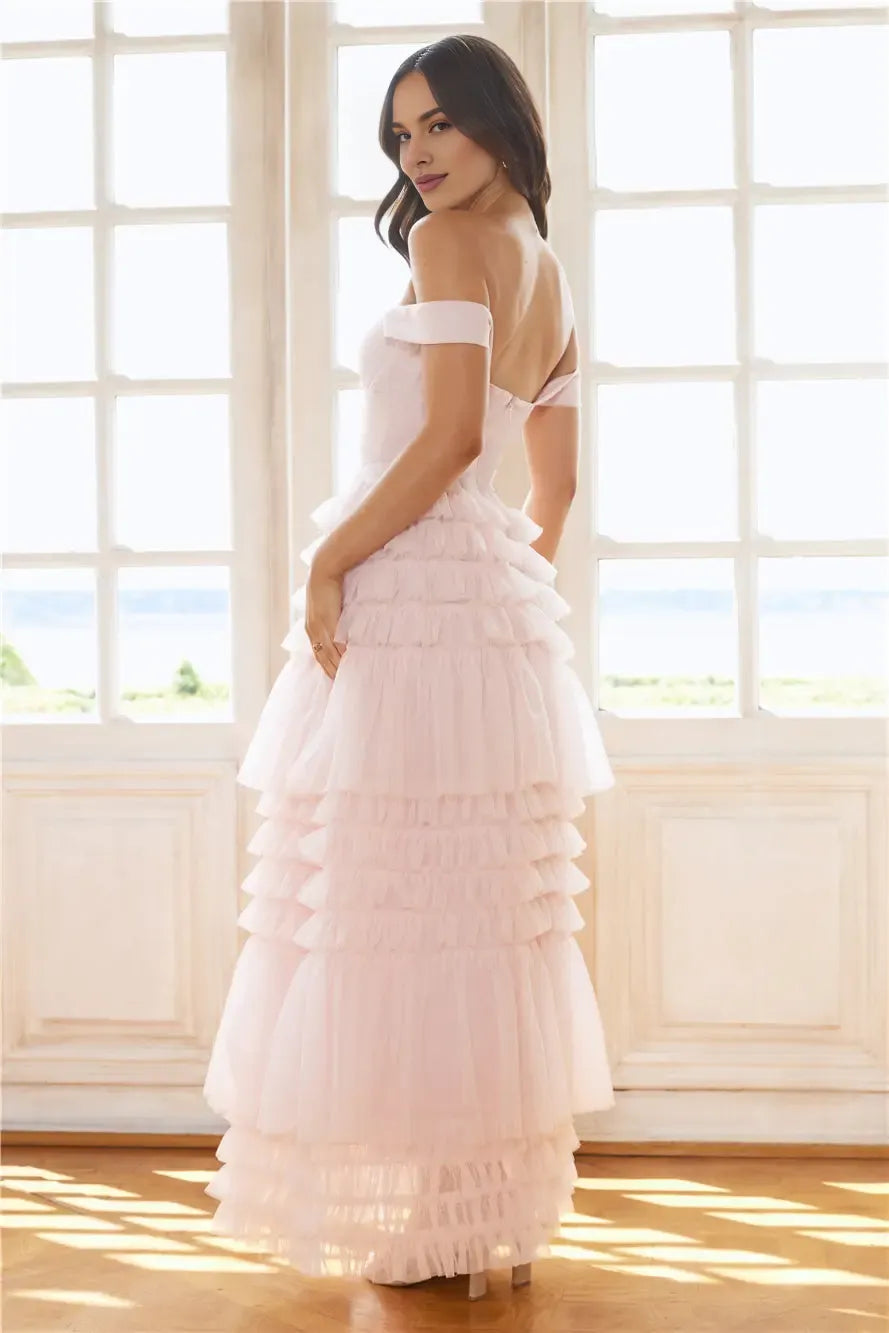 Stunning Off-the-Shoulder Tiered Ruffle Tulle Pink Maxi Prom Dress Custom