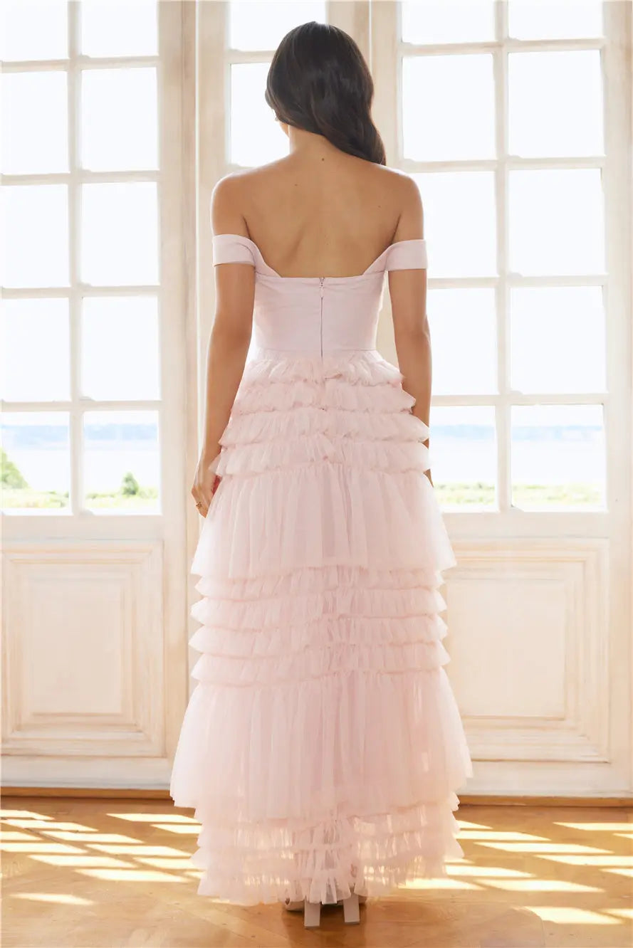 Stunning Off-the-Shoulder Tiered Ruffle Tulle Pink Maxi Prom Dress Custom