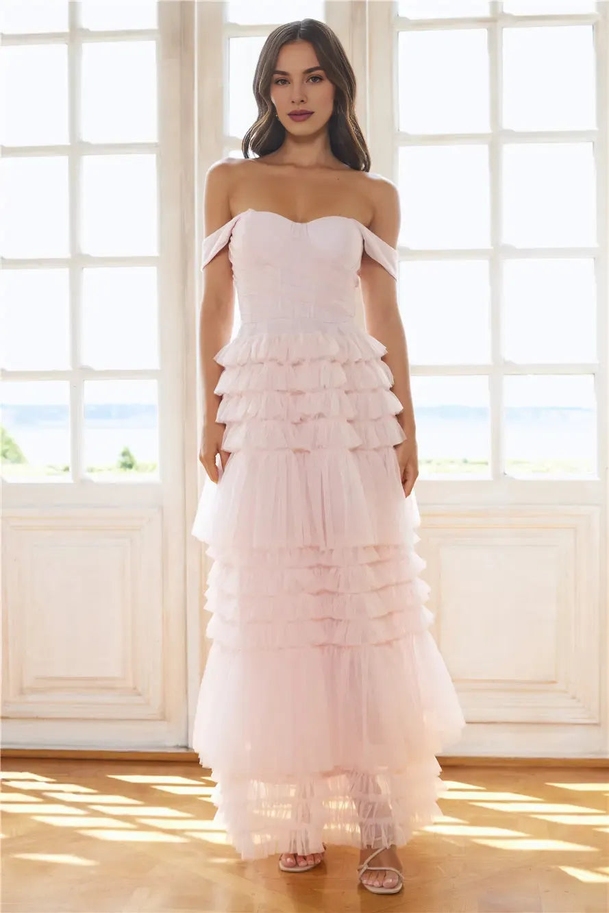Stunning Off-the-Shoulder Tiered Ruffle Tulle Pink Maxi Prom Dress Custom
