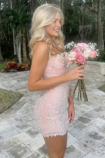 Stunning Pink Satin Sequins Straps With Pearls Tight Short Homecoming Dress Pink Evening Dress