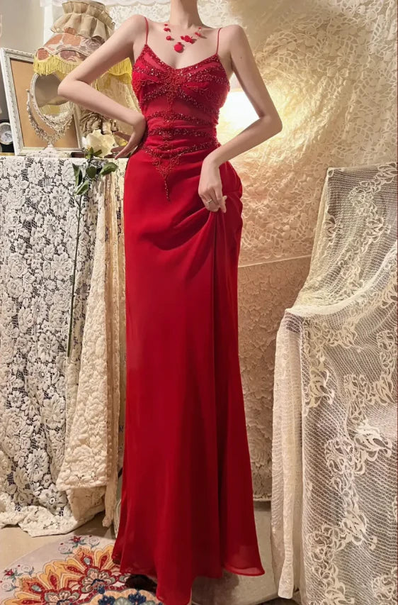 Stunning Red Chiffon Sequins Beaded Spaghetti Straps Mermaid Evening Dress Prom Dress