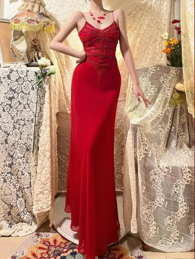 Stunning Red Chiffon Sequins Beaded Spaghetti Straps Mermaid Evening Dress Prom Dress
