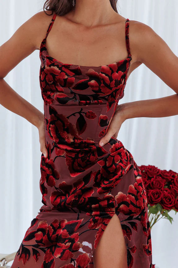Stunning Spaghetti Straps Split Floral Red Maxi Evening Dress Garden Party