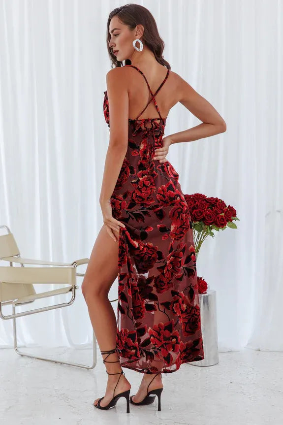 Stunning Spaghetti Straps Split Floral Red Maxi Evening Dress Garden Party