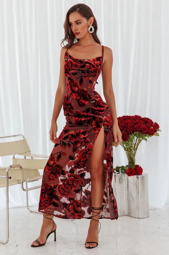 Stunning Spaghetti Straps Split Floral Red Maxi Evening Dress Garden Party