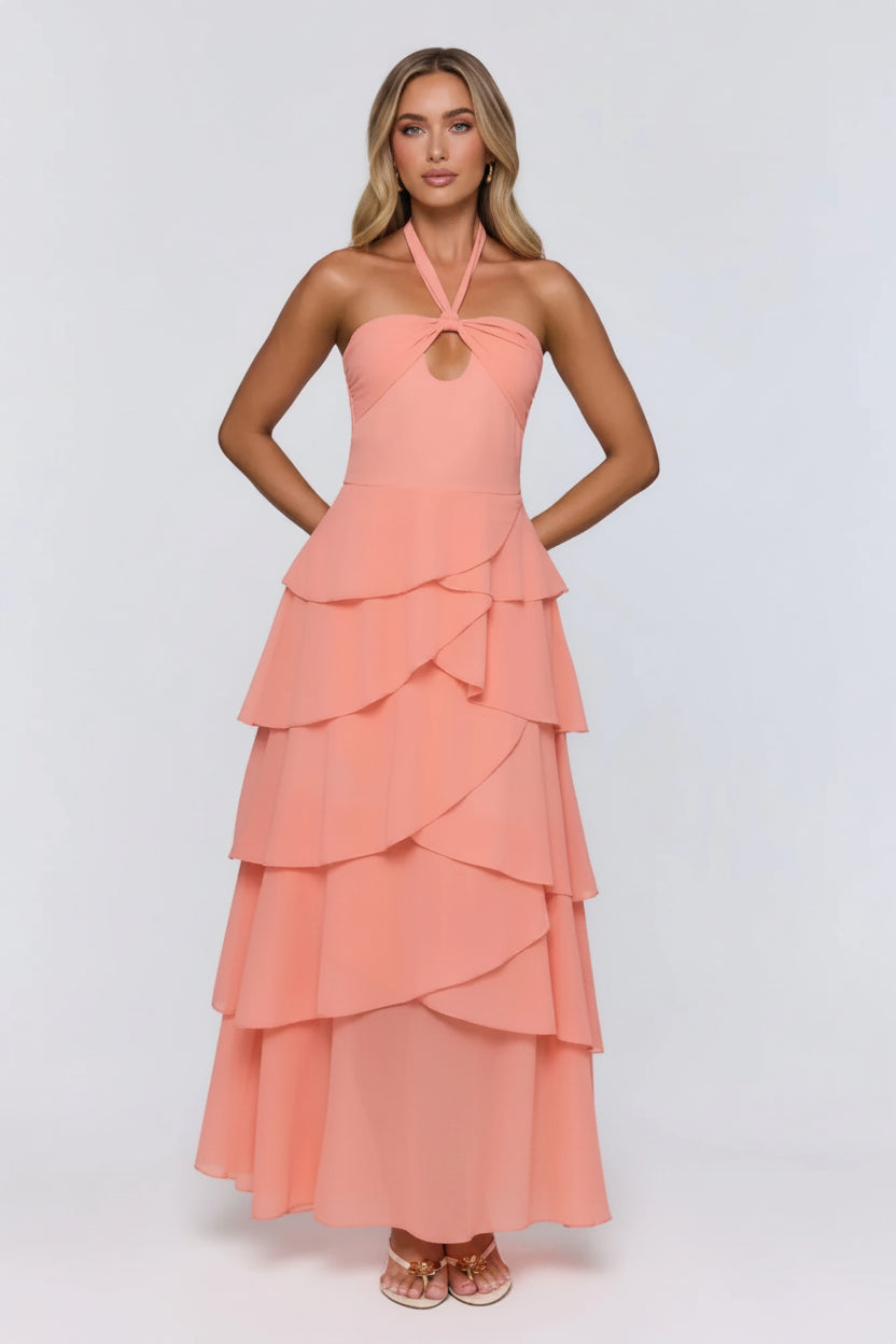 Stunning A-Line Halter Neck Keyhole Cutout Tiered Ruffled Peach Maxi Prom Dress