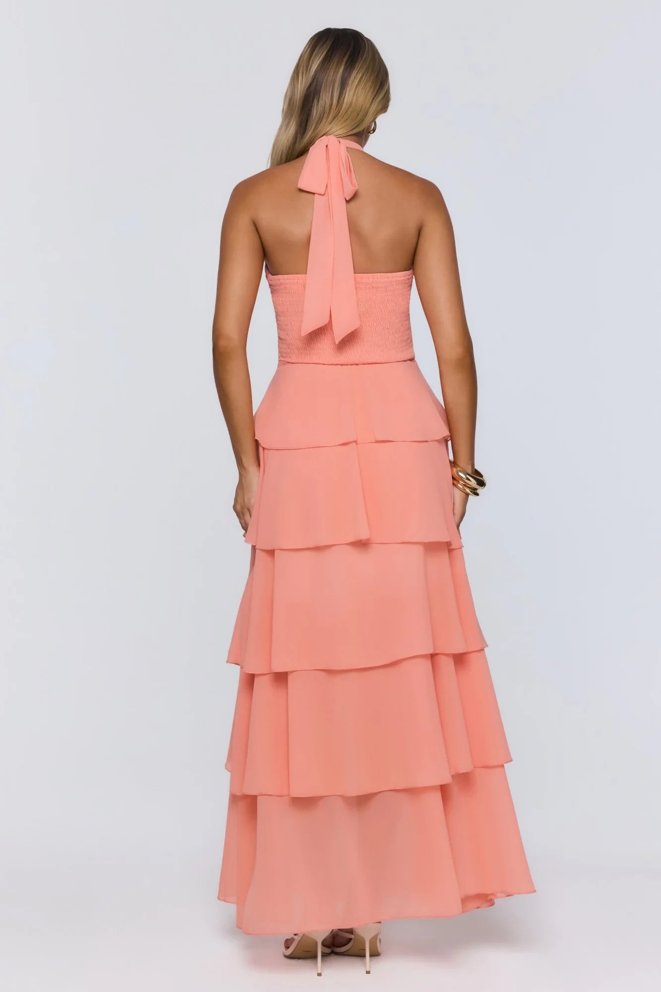 Stunning A-Line Halter Neck Keyhole Cutout Tiered Ruffled Peach Maxi Prom Dress