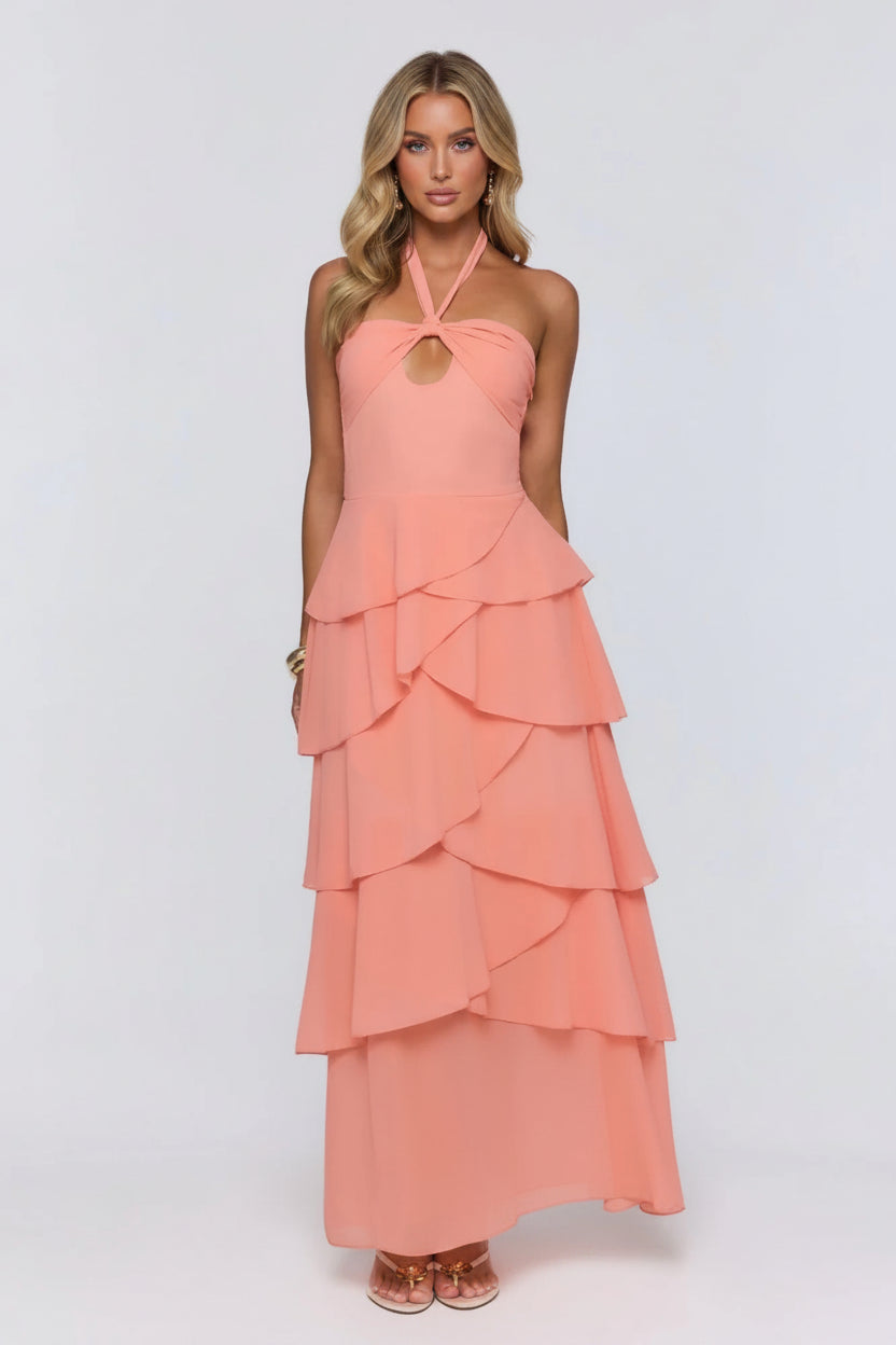 Stunning A-Line Halter Neck Keyhole Cutout Tiered Ruffled Peach Maxi Prom Dress