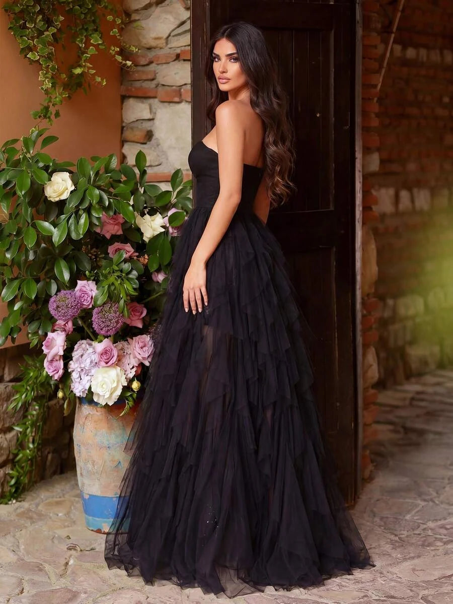 Stunning A-Line Sweetheart Ruffled Tulle Black Floor-Length Prom Dress With High Slit