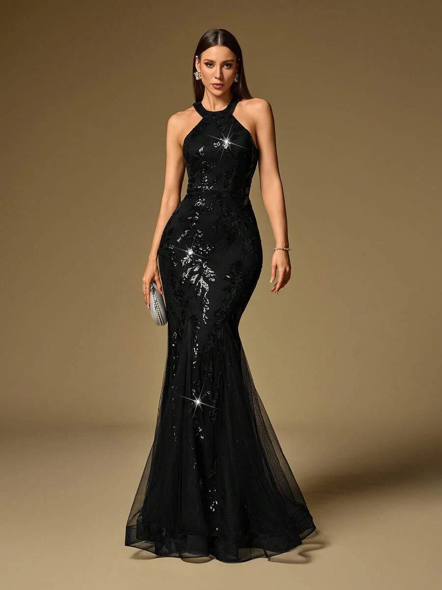 Stunning Mermaid Halter Sequin Embellished Black Floor-Length Prom Dress