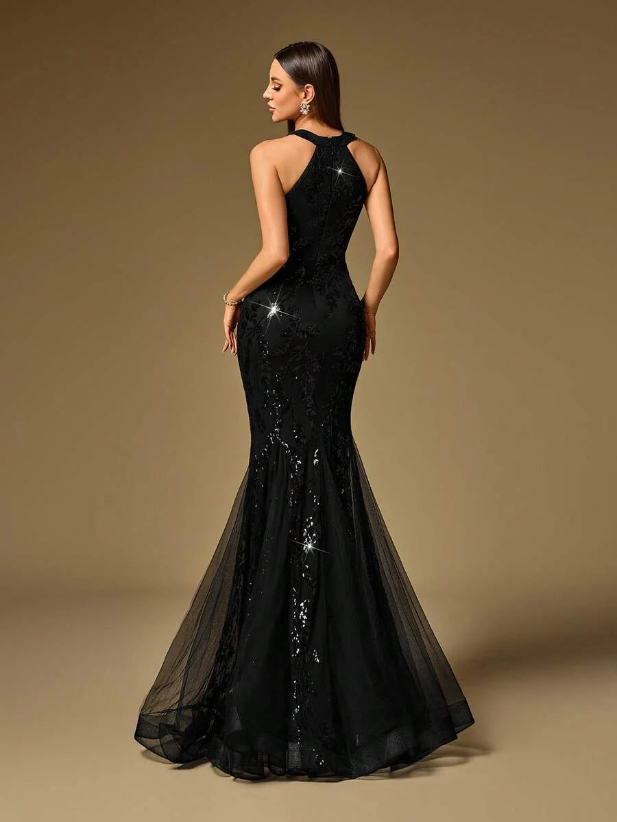 Stunning Mermaid Halter Sequin Embellished Black Floor-Length Prom Dress
