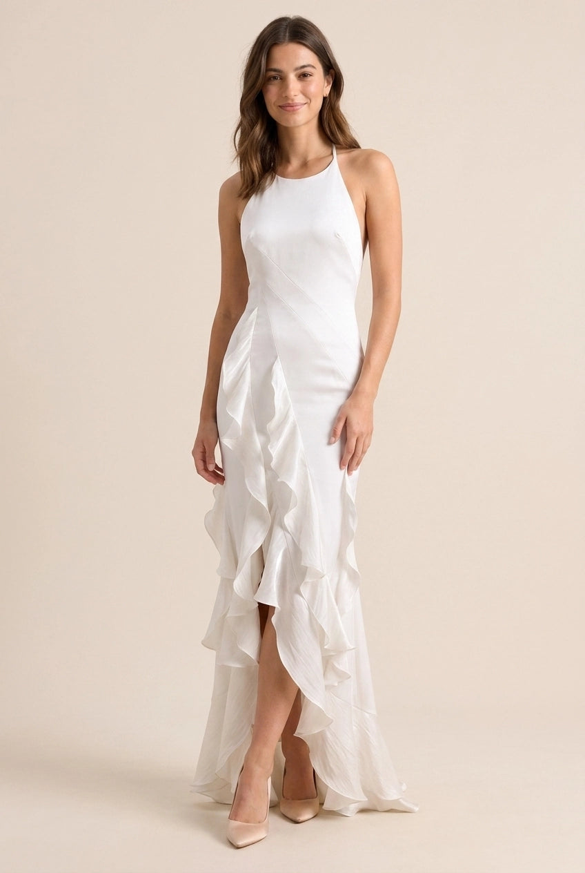 Stunning Mermaid Spaghetti Straps Ruffled Backless Ivory Floor-Length Wedding Dress