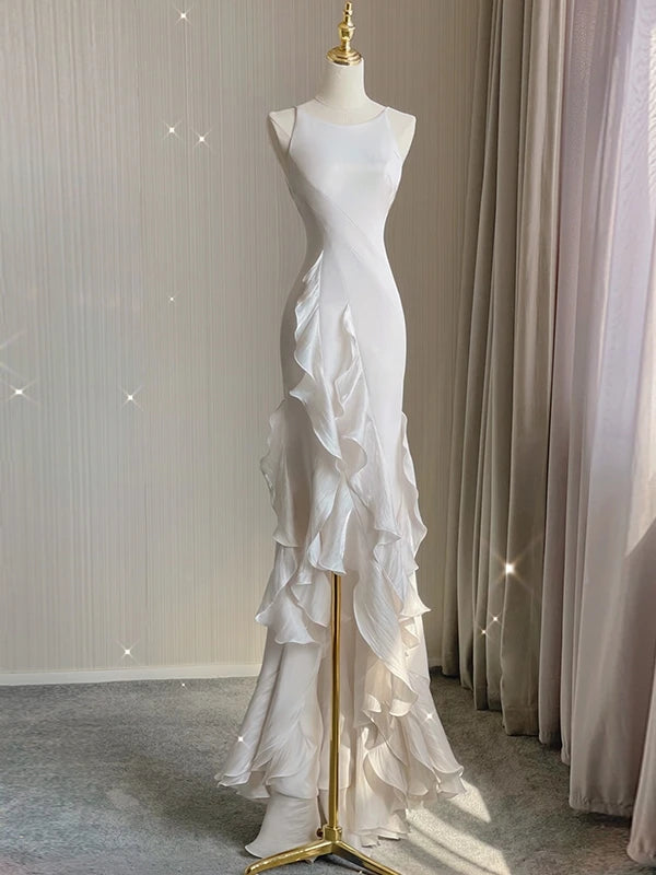 Stunning Mermaid Spaghetti Straps Ruffled Backless Ivory Floor-Length Wedding Dress