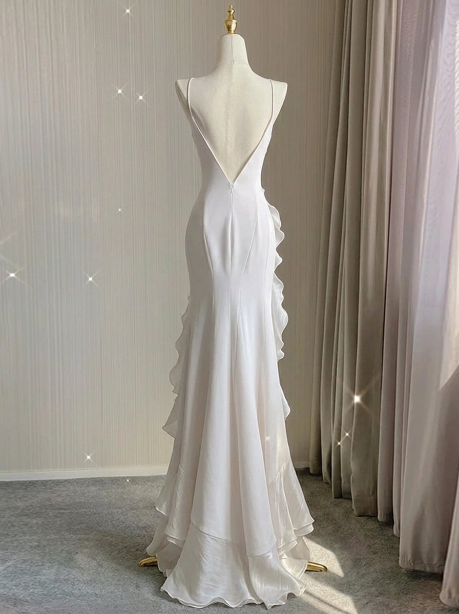 Stunning Mermaid Spaghetti Straps Ruffled Backless Ivory Floor-Length Wedding Dress