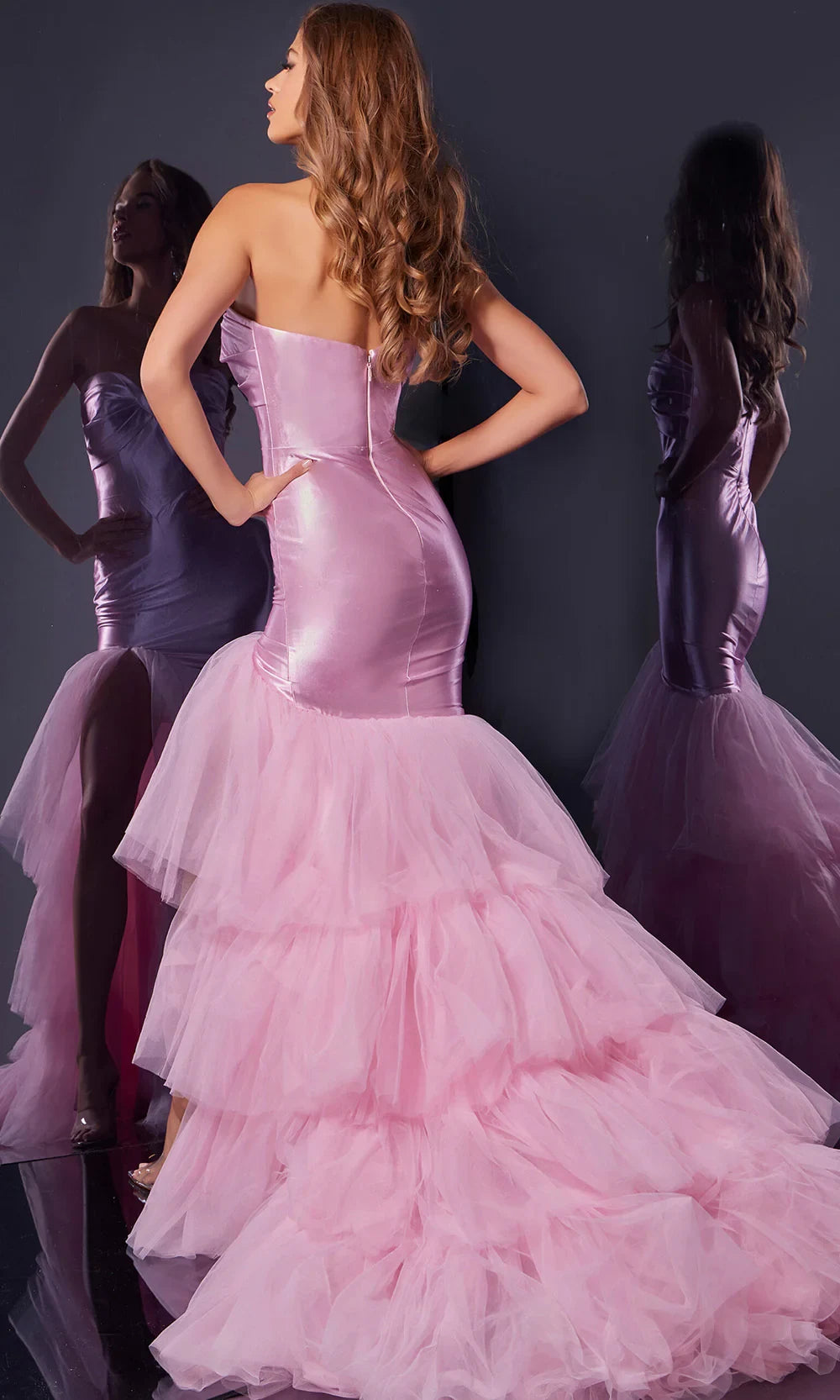 Stunning Mermaid Sweetheart Strapless Ruffled Tiered Tulle Pink Floor-Length Prom Dress