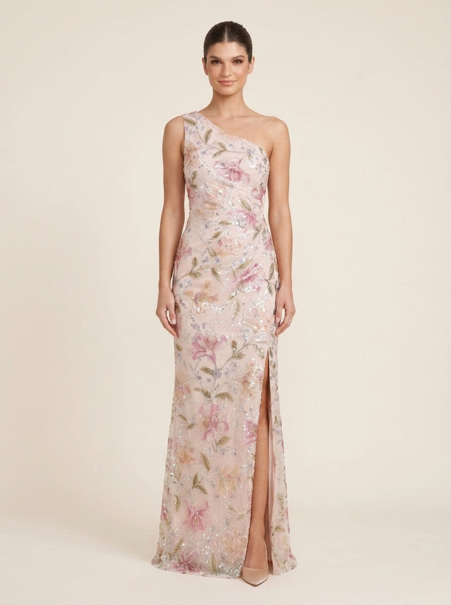 Stunning Sheath One-Shoulder Sparkly Floral Blush Floor-Length Prom Dress