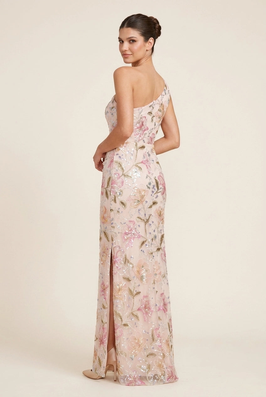 Stunning Sheath One-Shoulder Sparkly Floral Blush Floor-Length Prom Dress