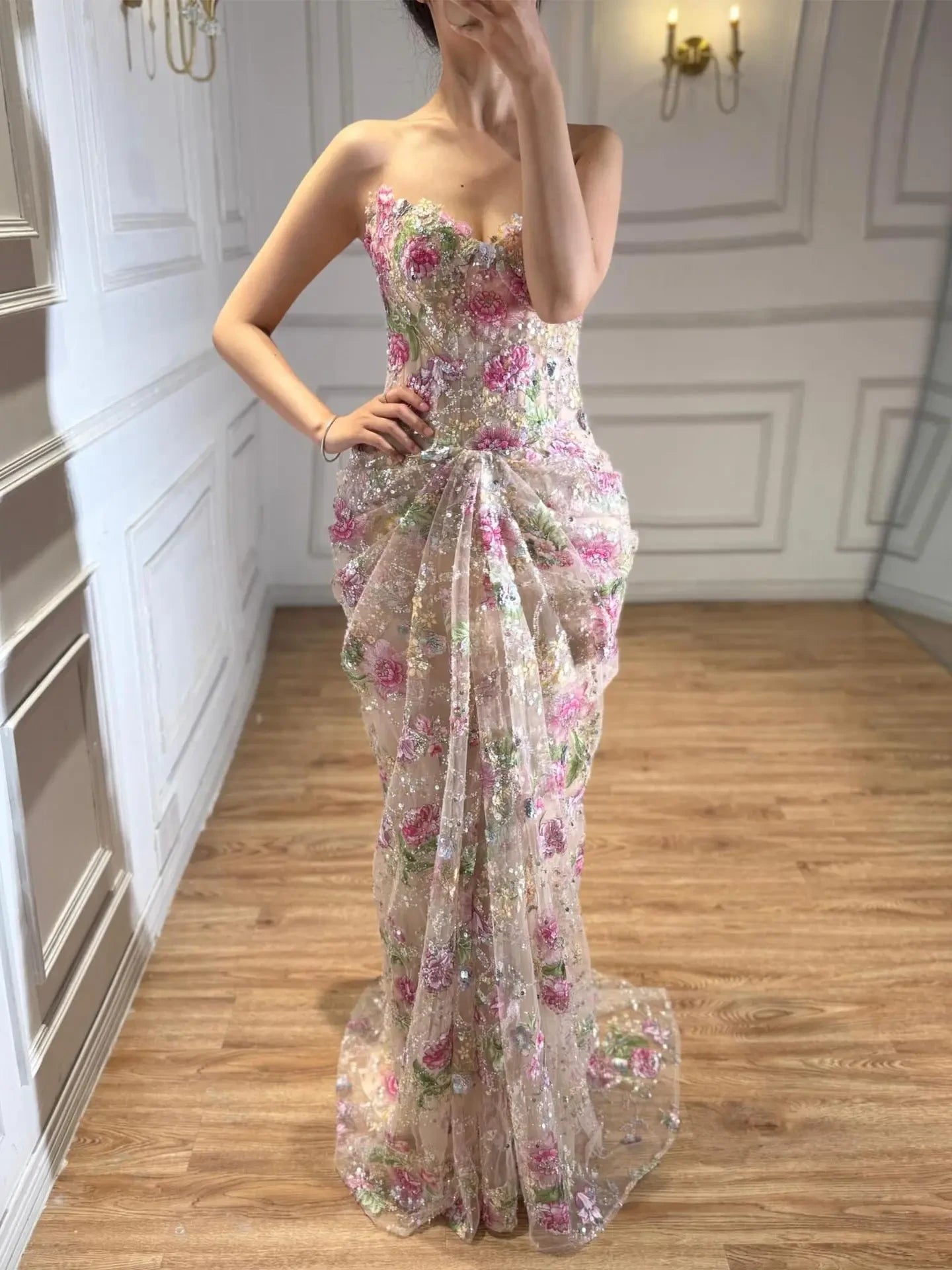 Stunning Sheath Sweetheart Floral Sequin Draped Pink Floor-Length Prom Dress