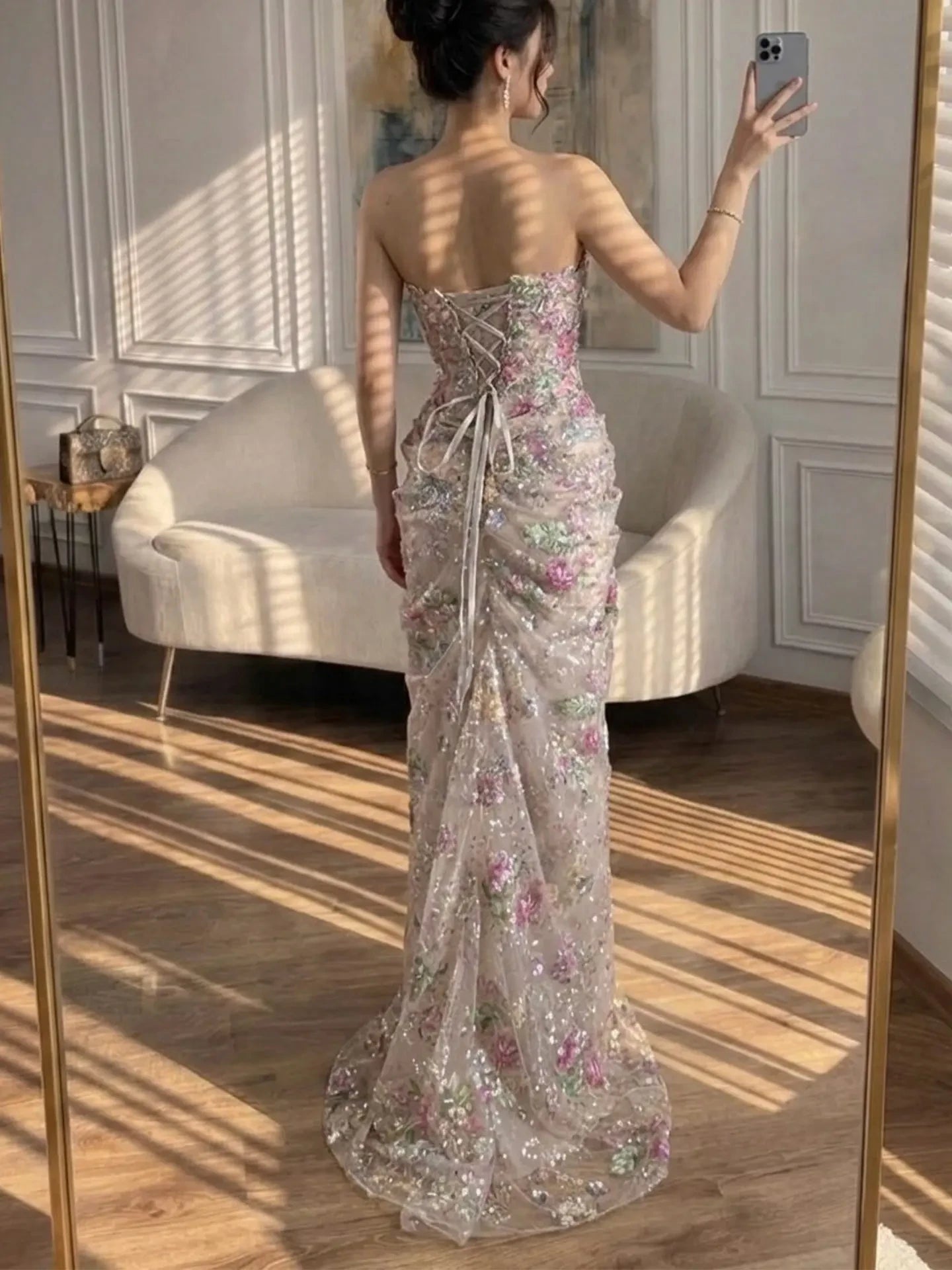Stunning Sheath Sweetheart Floral Sequin Draped Pink Floor-Length Prom Dress