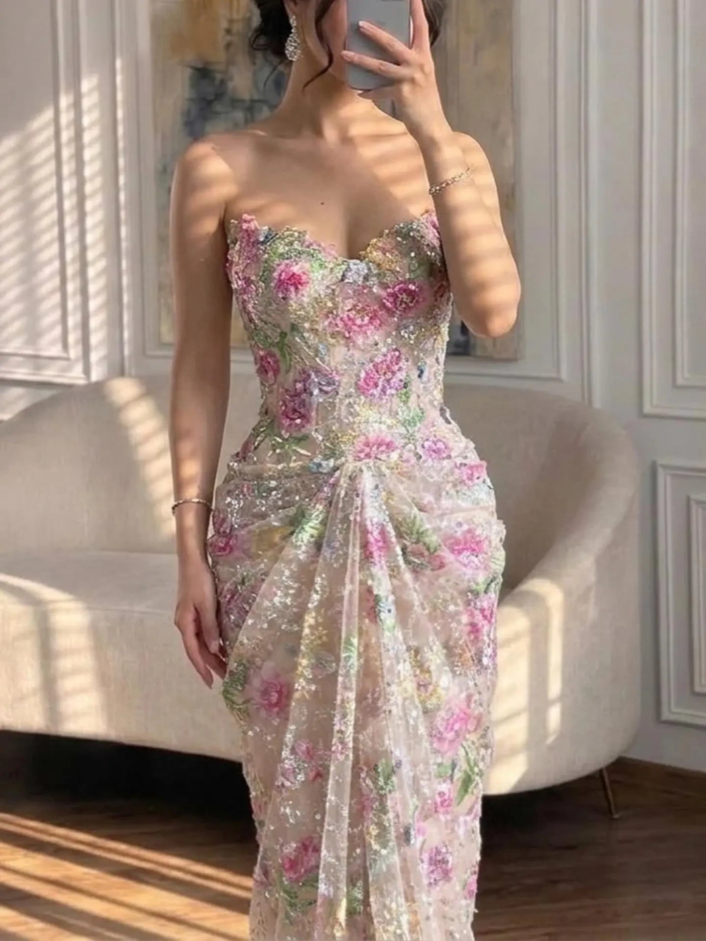 Stunning Sheath Sweetheart Floral Sequin Draped Pink Floor-Length Prom Dress