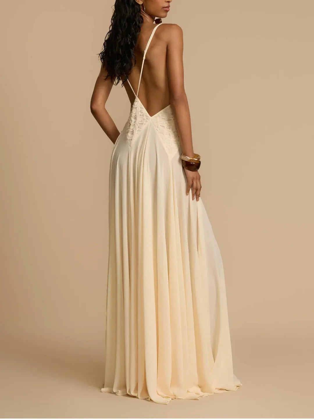 Stylish A-Line Deep V-Neck Lace Textured Open-Back Cream Floor-Length Prom Dress