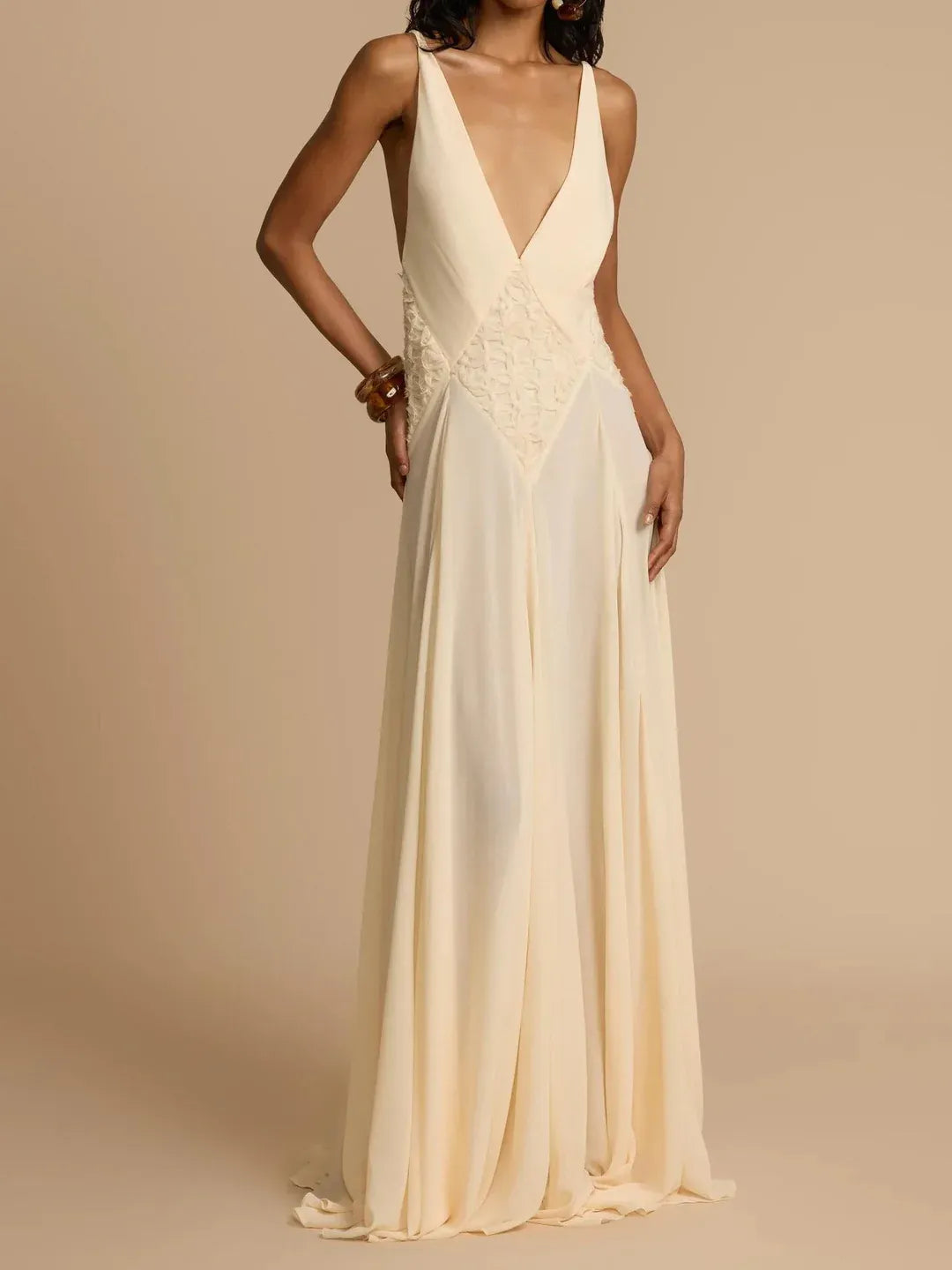 Stylish A-Line Deep V-Neck Lace Textured Open-Back Cream Floor-Length Prom Dress